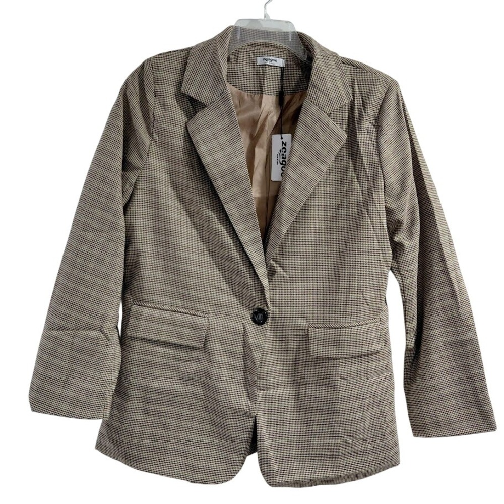 Zeagoo Womens Houndstooth Blazer Jacket Single Button Classic Fit Brown Tan L